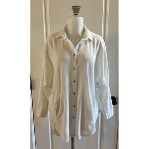 Free People White Button Down Size S Oversized Gauze Shirt Boho Pockets Beach